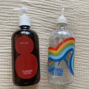 Empty flamingo estate Roma tomato hand soap + bathing culture shower gel bottles
